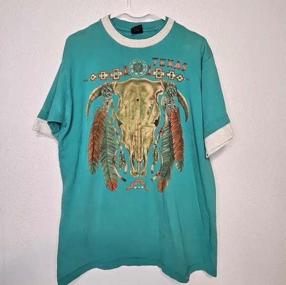 Vintage Native Turquoise T-shirt Short Sleeve Made in USA Men's Size Large - Picture 1 of 10